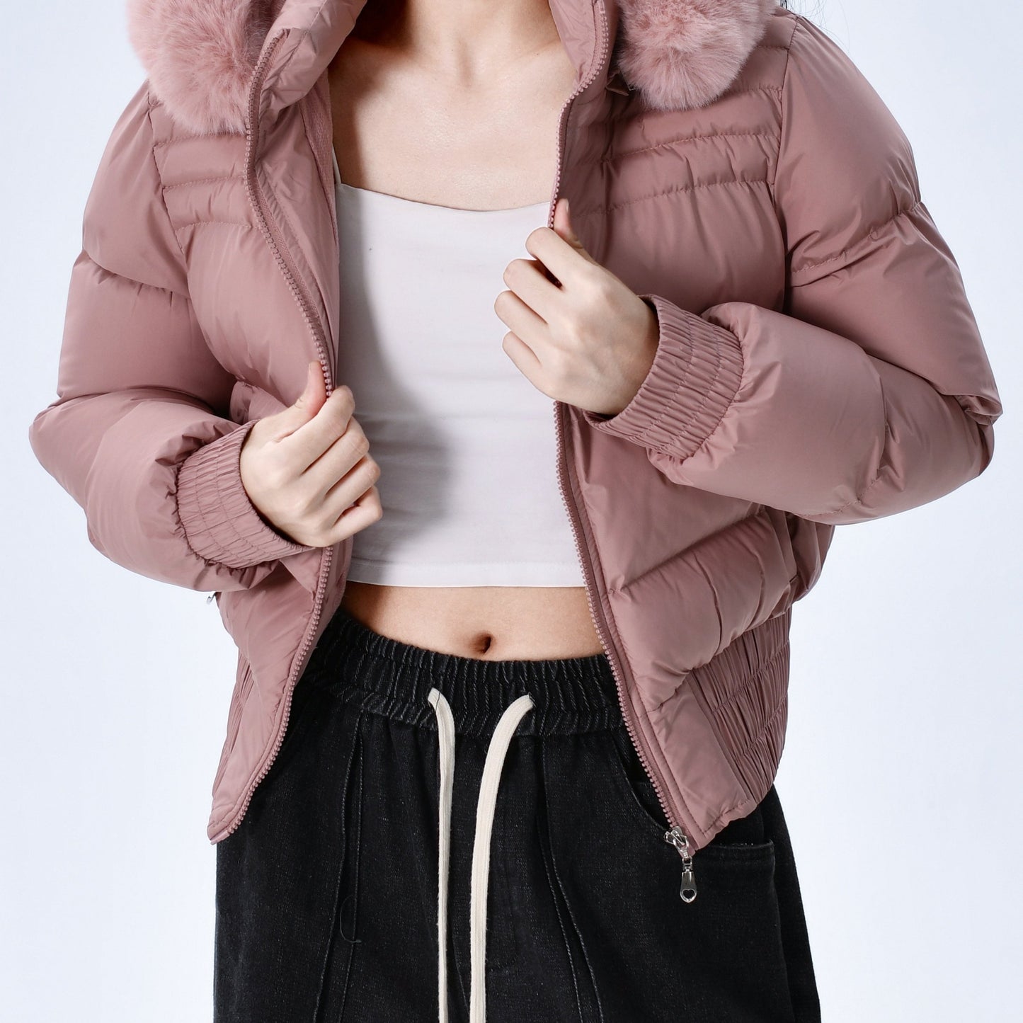 Elegant Polyester Padded Jacket for Women - 2024 Fashion Short Solid Color Coat with Thick Faux Fur Collar, Long Sleeves, Zipper Detail, Woven - Winter Warmth Casual Outerwear