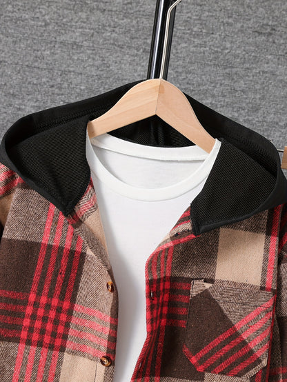 Boys' Fleece Plaid Hooded Long Pants Set, Perfect for Outdoor