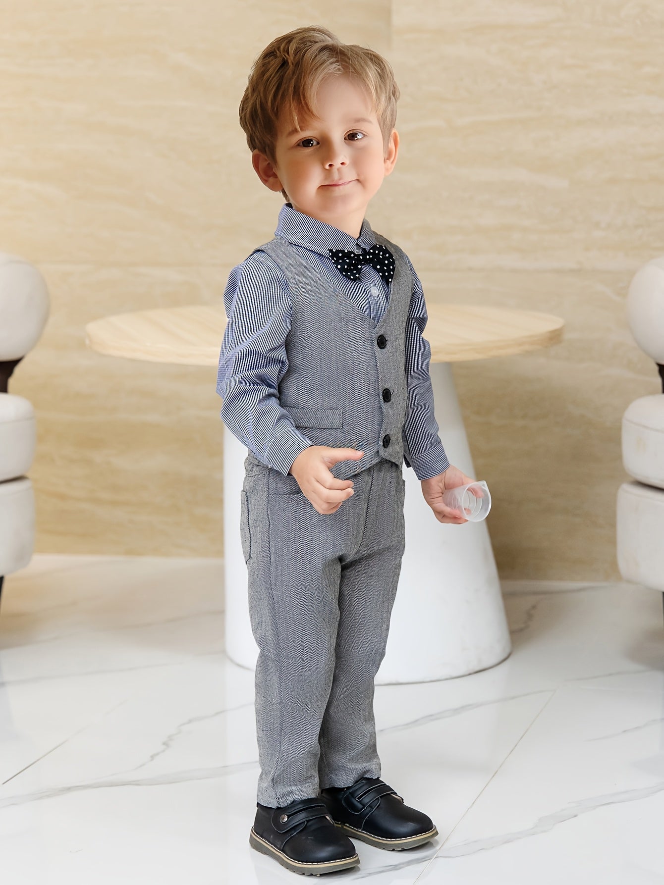 Boys' British Style Cotton Vest Suit Set with Bow Tie