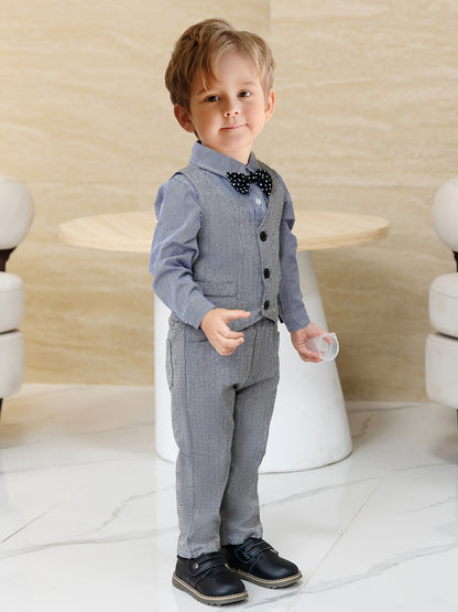 Boys' British Style Cotton Vest Suit Set with Bow Tie