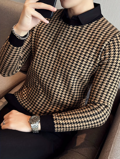New Men'S Houndstooth Color-Blocked Sweater, Casual Pullover with Round Neck And Long Sleeves, Knit