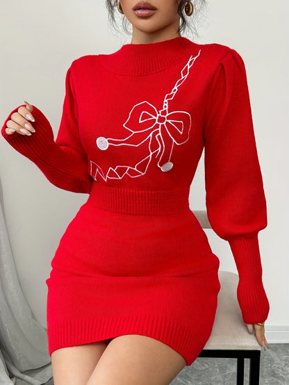 Women's Elegant Slim-Fit Sweater Dress with Bow Design, Fashionable and Versatile, Suitable for Autumn and Winter, Christmas Gift