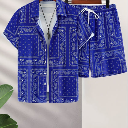 Men's Paisley Print Short Sleeve Shorts Single Button Shirt Suit with Elastic Cord and Pockets
