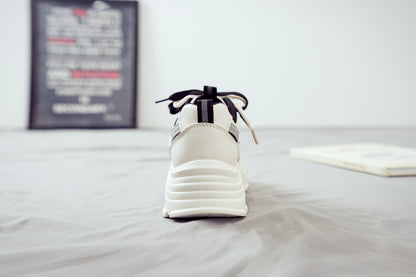 Women's Trendy Chunky Sneakers - Breathable Lace-Up Dad Shoes with Thick PVC Sole, White  Beige Two-Tone Design, Versatile Low-Top Style for Casual Attire