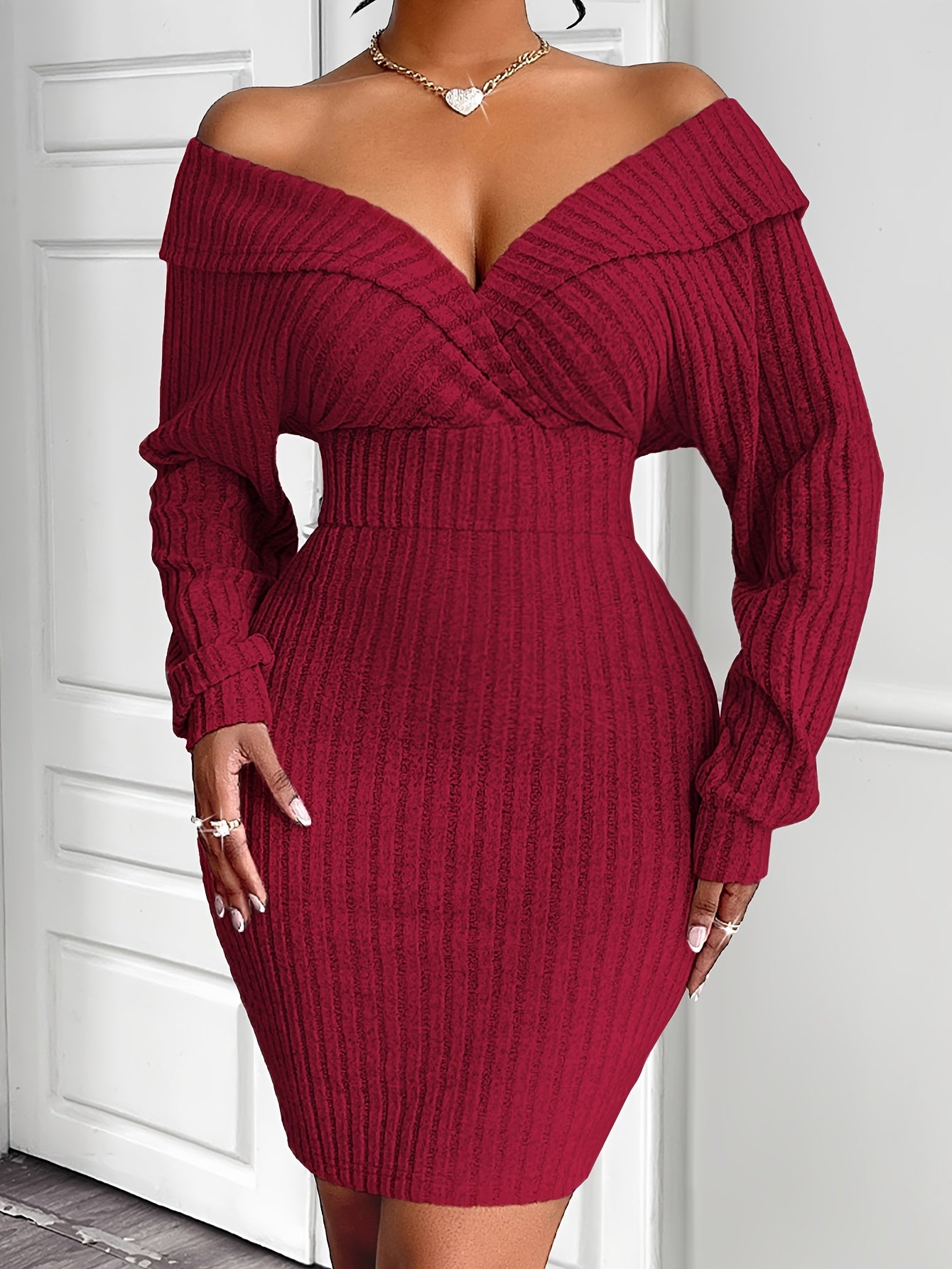 Sexy V-Neck Knit Bodycon Dress for Women, Long Sleeve One-Shoulder Solid Color Polyester Dress with Lace-Up Detail, Regular Fit for Fall Season