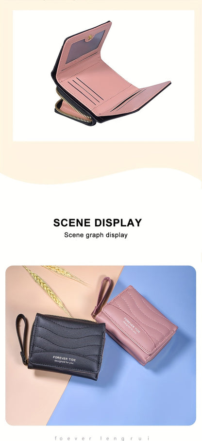 2024 New Women'S Short Wallet, Korean Style Zippered Coin Purse, Simple Design, Tri-Fold Multifunctional Faux Leather Card Holder.