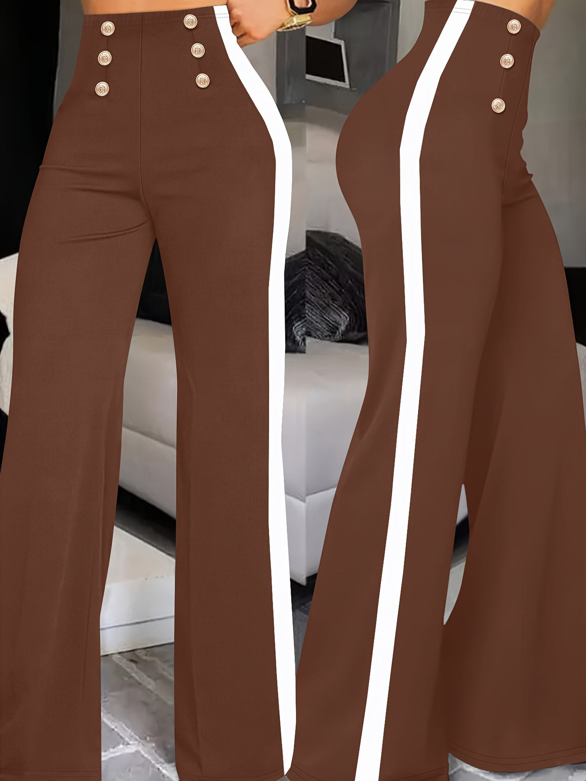 Women's Wide-Leg Casual Trousers with Side Stripe and Button Detail