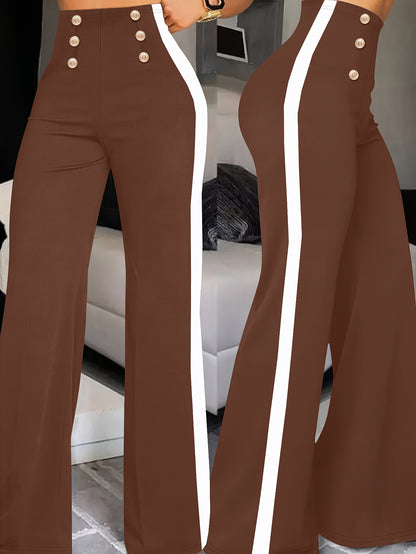 Women's Wide-Leg Casual Trousers with Side Stripe and Button Detail
