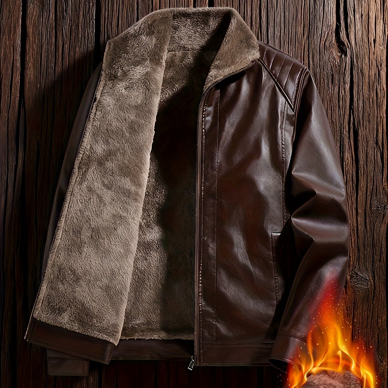 Men'S Faux Leather Jacket with Fleece Lining, a Warm Winter Coat Featuring a Stand Collar And Zip Closure, Stylish Casual Menswear, Available in Black/Brown Fashionable Motorcycle Jacket, Windproof And Warm, Perfect for Cold