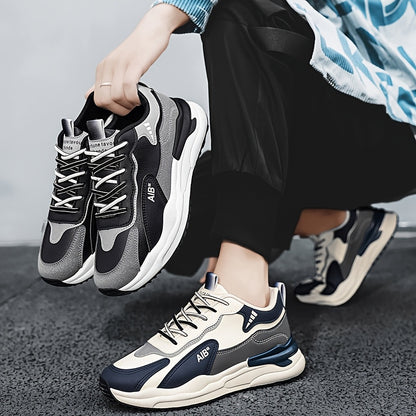 Men'S Fashion Sneakers, Casual Sports Shoes, All-Season Lace-Up Low Top, PU Upper, Fabric Lining, Rubber Sole, EVA Insole, Round Toe, with Trendy Thick Sole for Hiking, Outdoor, Daily Wear