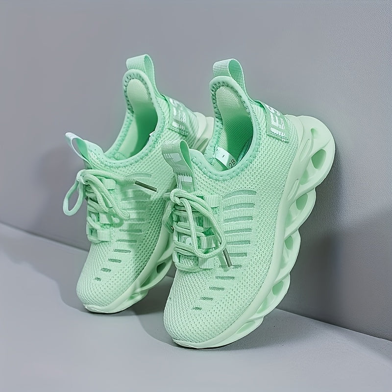 Youngsters' All-Season Breathable Running Shoes - Lightweight Mint Green Sneakers with Slip-On/Lace-Up Closure, Hollow-Out Design & MD Sole for Boys & Girls, Casual Training & Daily Wear, Kid Shoes, Sleek Sporty Design, Comfo