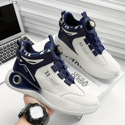 [Athletic Performance] Men's Breathable Casual Sneakers - Stylish Loafers with Rotating Buckle, Navy Blue  White Design, Comfortable PU Upper  PVC Sole for Casual Attire, Running, and Outdoor Activities