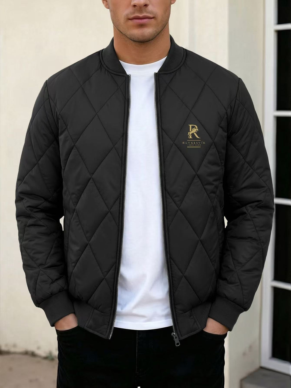 Men's Black Quilted Casual Jacket with Stylish Letter Print
