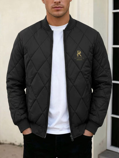 Men's Black Quilted Casual Jacket with Stylish Letter Print