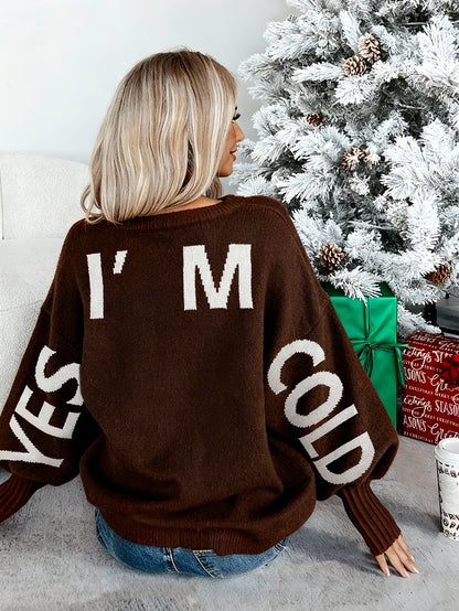 Autumn/Winter New Arrival Niche Cardigan for Women, Lazy Style Sweater Top with Wine Red and Coffee Color Letter Print, Round Neck Pullover with Designer Pattern, Casual Elegant Winter Top, Urban Commute Basic Versatile Style