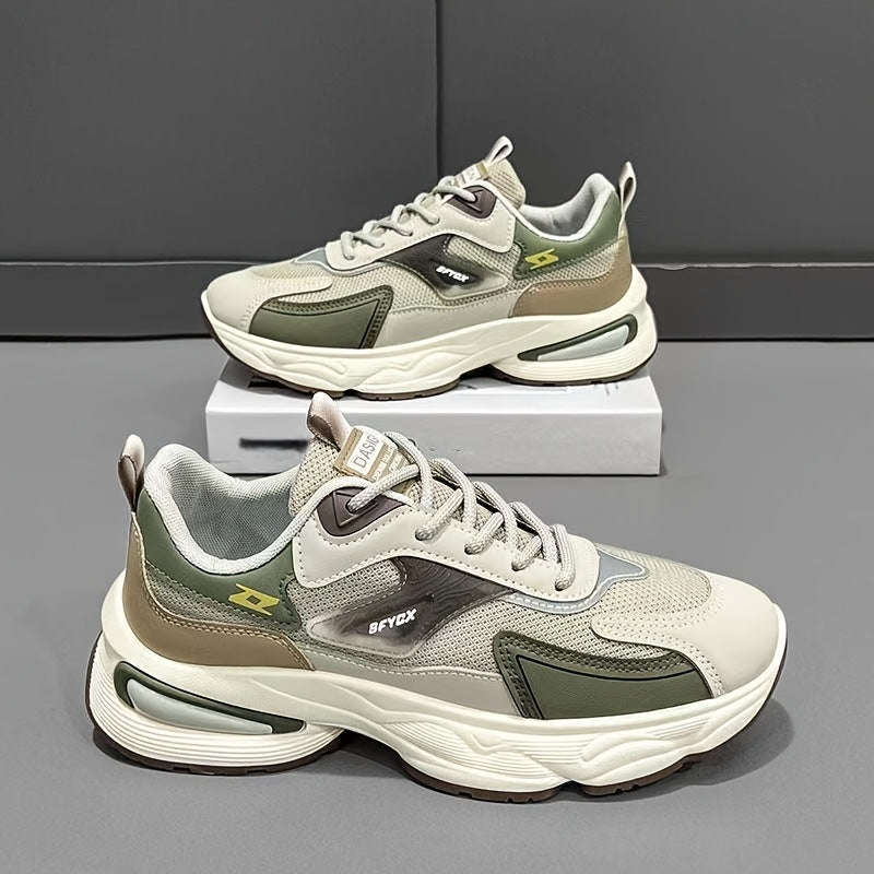 Men'S Casual Sports Shoes - Thick-Soled Lace-Up Sneakers with Synthetic Upper, Cushioned EVA Insole  PVC Sole for Outdoor Hiking, Running, Gym - All-Season Comfort in Beige/Black, Brown/White, Green/White, Versatile Trainers