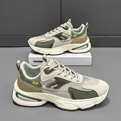 Men'S Casual Sports Shoes - Thick-Soled Lace-Up Sneakers with Synthetic Upper, Cushioned EVA Insole  PVC Sole for Outdoor Hiking, Running, Gym - All-Season Comfort in Beige/Black, Brown/White, Green/White, Versatile Trainers