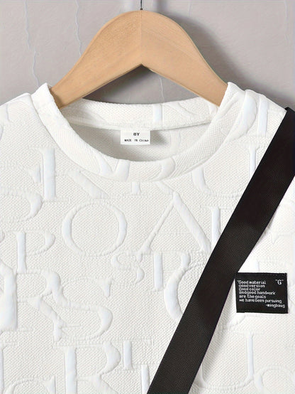 Boys' Stylish White Short Sleeve T-Shirt + Casual Shorts + Fashion Crossbody Bag Set, Perfect for Outdoor