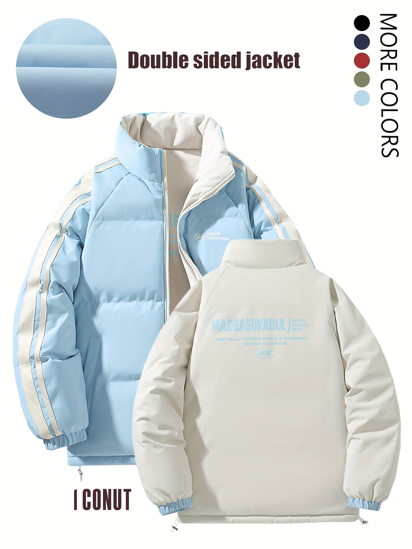 Men'S Double-Sided Winter Jacket - Thickened Stand Collar, Zip-Up Casual Long Sleeve Coat with "MADEASURABLE" & "I CONUT" Branding, Black & White, Regular Fit for Autumn & Winter, Autumn Outerwear, Bold Lettering, Durable Fab