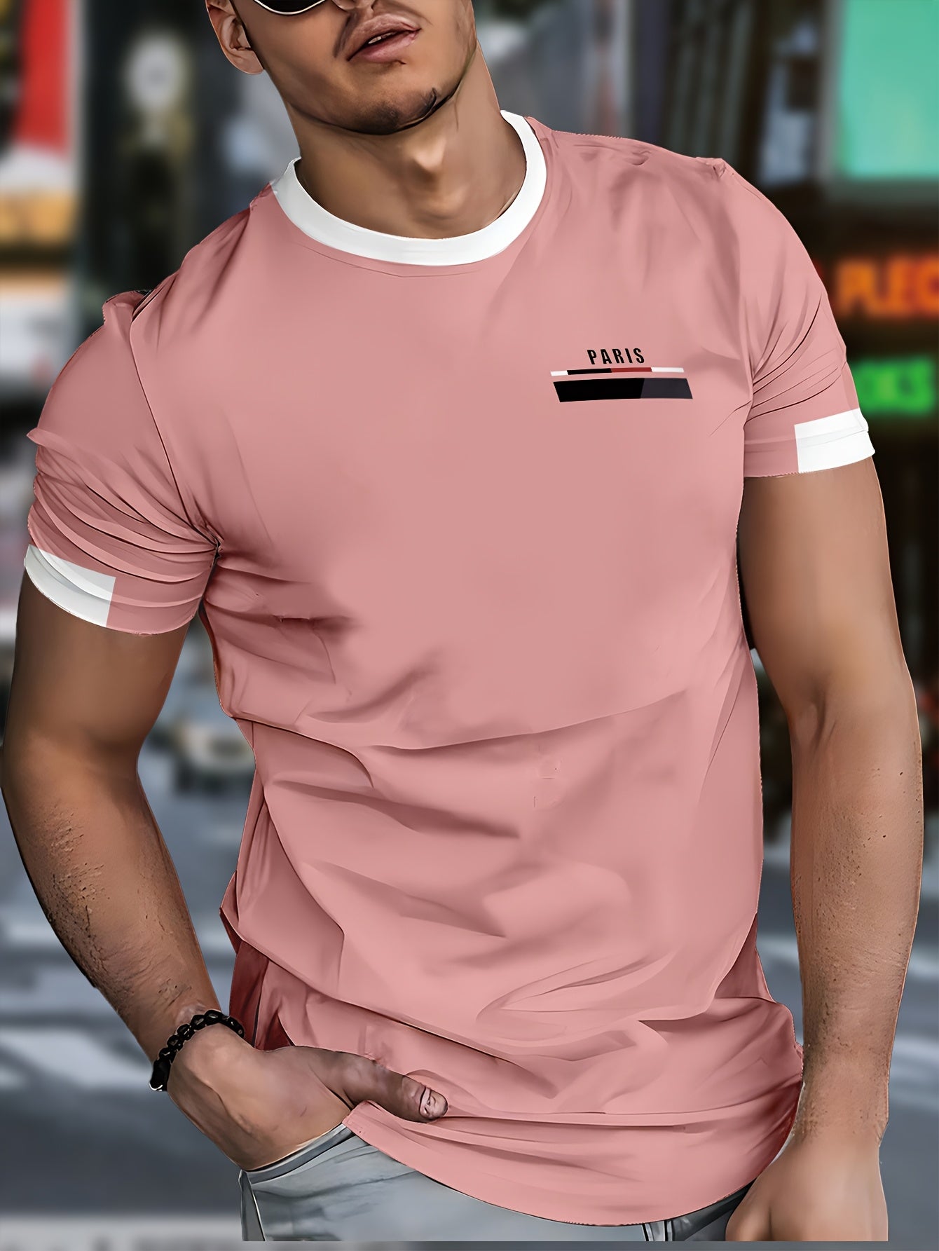 Men'S Paris Graphic T-Shirt - Green Polyester Crew Neck Tee with White Stripes  Print - Casual Sporty Knit Top for Casual Attire, Breathable Fabric