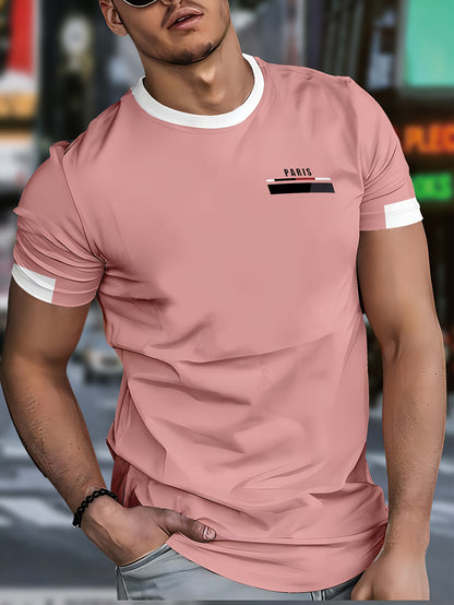 Men'S Paris Graphic T-Shirt - Green Polyester Crew Neck Tee with White Stripes  Print - Casual Sporty Knit Top for Casual Attire, Breathable Fabric