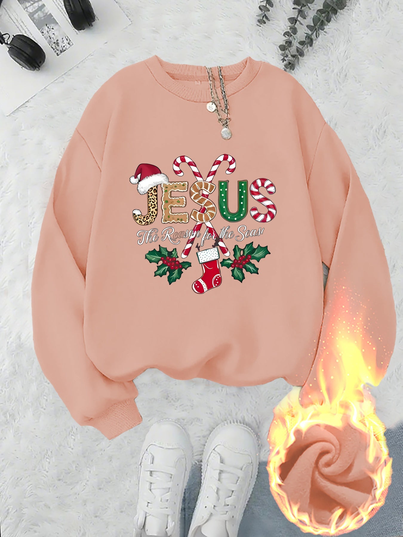 Women's Fleece-Lined Round Neck Pullover Sweatshirt - "JESUS" Christmas Print, Comfortable Loose Fit for All Seasons, Festive Holiday Design Casual Top
