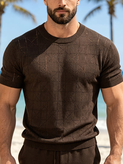 Men's Loose Fit Short Sleeve Hollow Knit Crew Neck Top