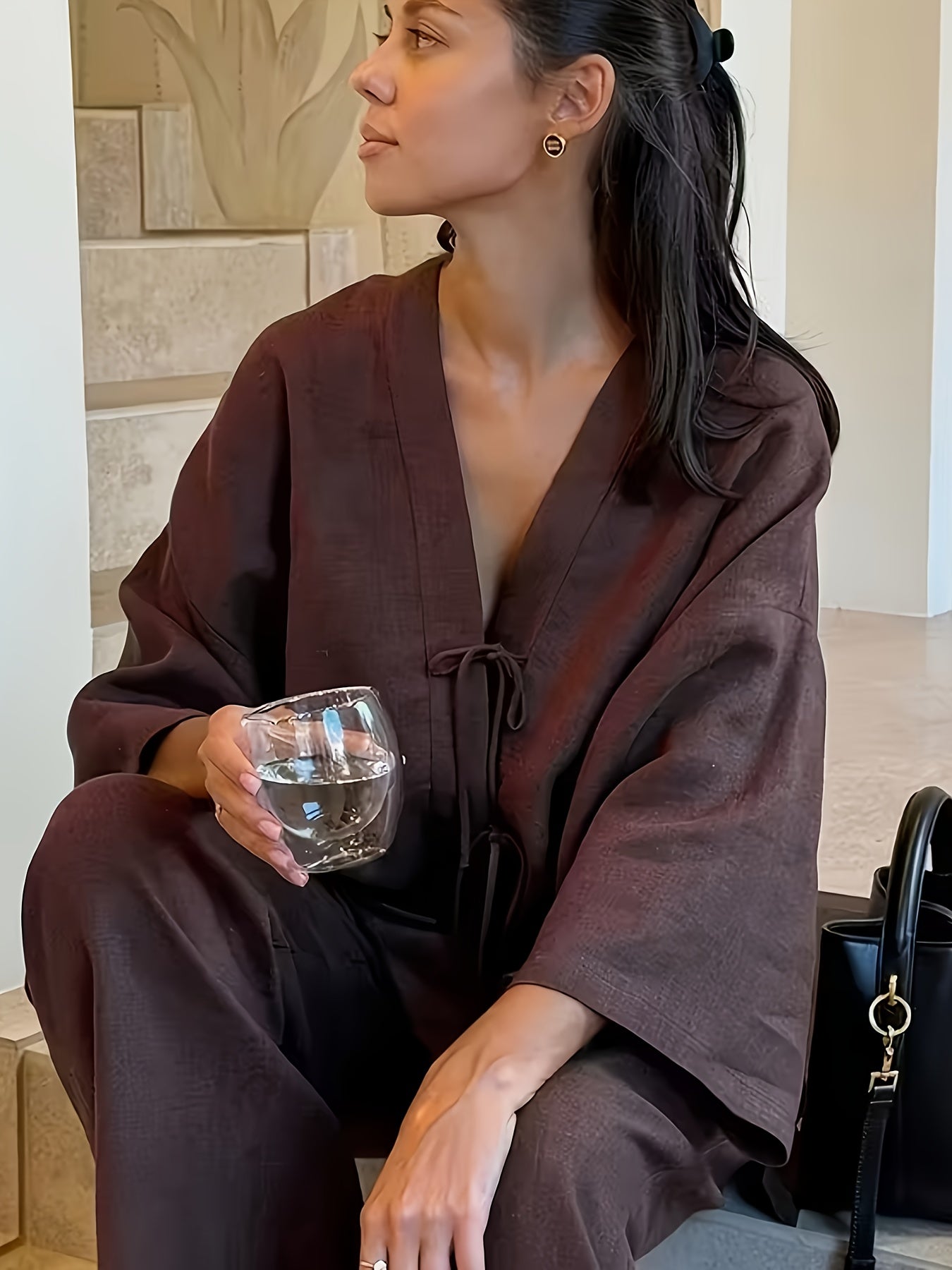 Women's Casual Spring/Summer V-Neck Top & Wide-Leg Pants Set