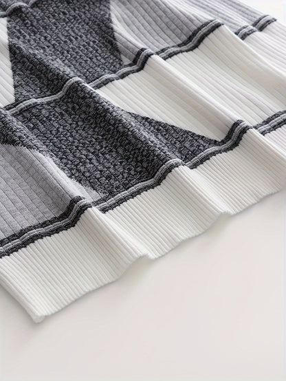 Men'S Fashionable Diamond Contrast Color Knit Long Sleeve Pullover in Faux Pear, First Name OBM, Casual Style, Ribbed Detail, High Stretch Fabric, Geometric Pattern, Regular Fit, Ideal for Fall/Winter