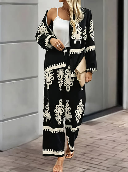 Women'S Stylish Black and White Paisley Print Two-Piece Set - Square Neck, Button-Up Blazer with Matching Pants, Perfect for Spring/Summer, Casual Attire|Paisley Print|Square Neckline, Pants Piece