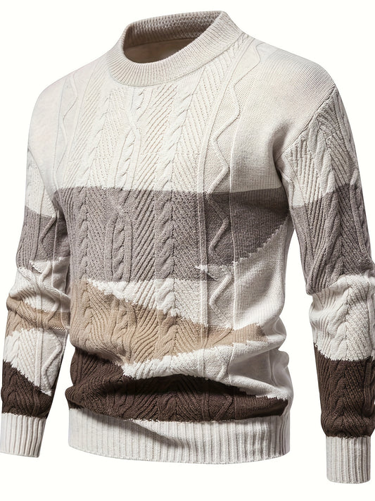 Men's Stylish Solid Knitted Pullover, Casual Mid Stretch Breathable Long Sleeve Crew Neck Top For City Walk Street Hanging Outdoor Activities