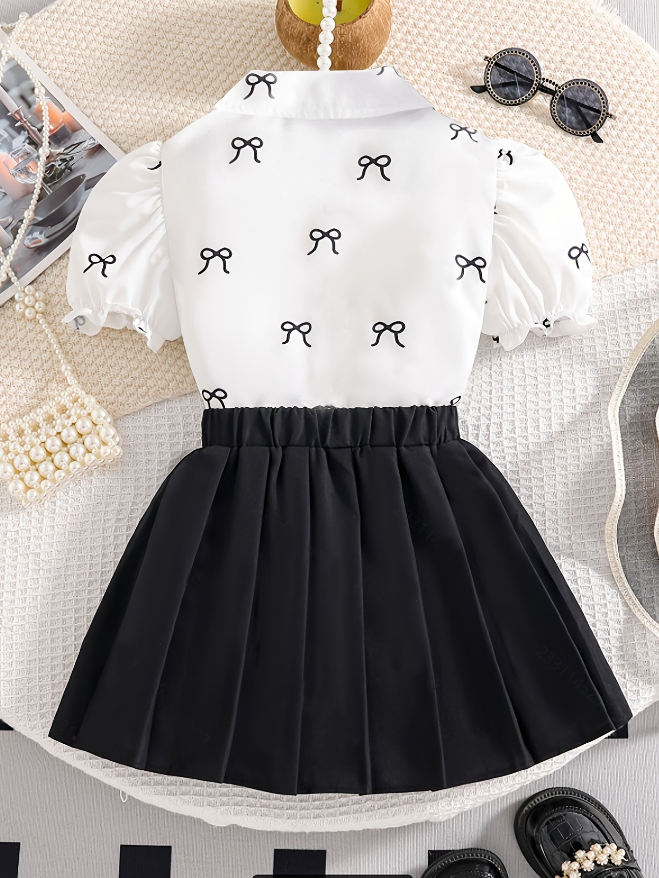 Girls' Preppy 2-Piece Set: White Lapel Shirt & Pleated Black Skirt