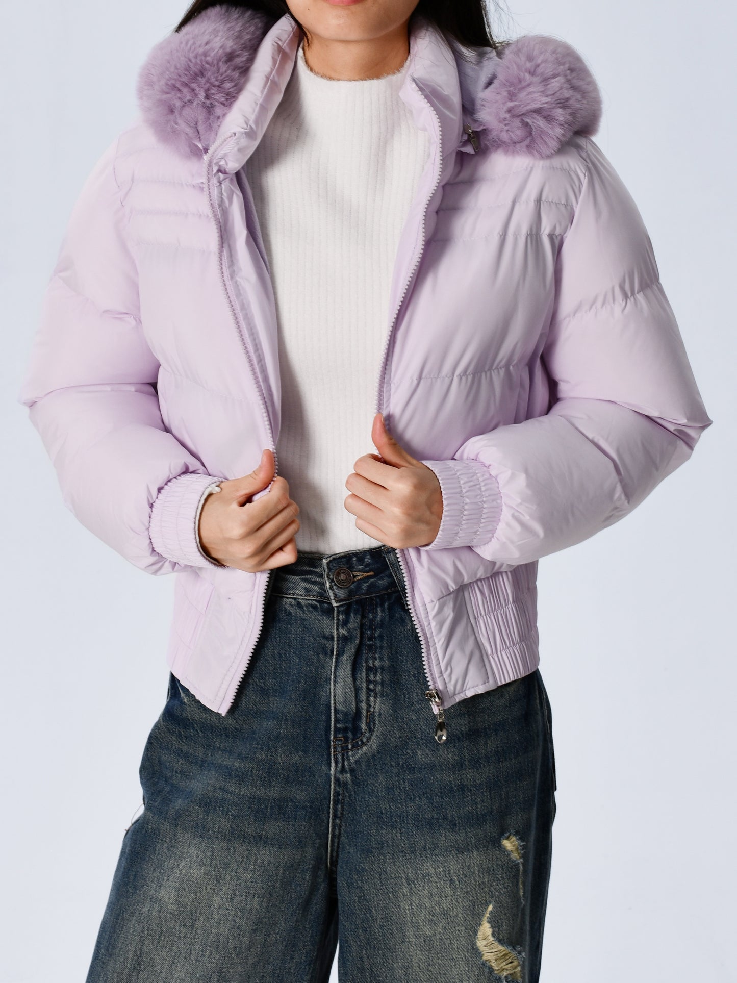Elegant Polyester Padded Jacket for Women - 2024 Fashion Short Solid Color Coat with Thick Faux Fur Collar, Long Sleeves, Zipper Detail, Woven - Winter Warmth Casual Outerwear