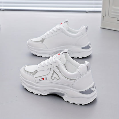 2025 Women's White  Black Casual Running Shoes with Red Heart Accent - Breathable Mesh  Synthetic Cover Low-Top Sneakers, Round Toe Design, TPU Sole for Gym, Walking, Outdoor Activities, Stylish Fitness Footwear