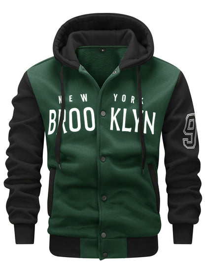 Men's 'BROOKLYN' Pattern Color Blocking Hooded Jacket, Casual Preppy Style Coat For Spring And Autumn Outdoors As Gift