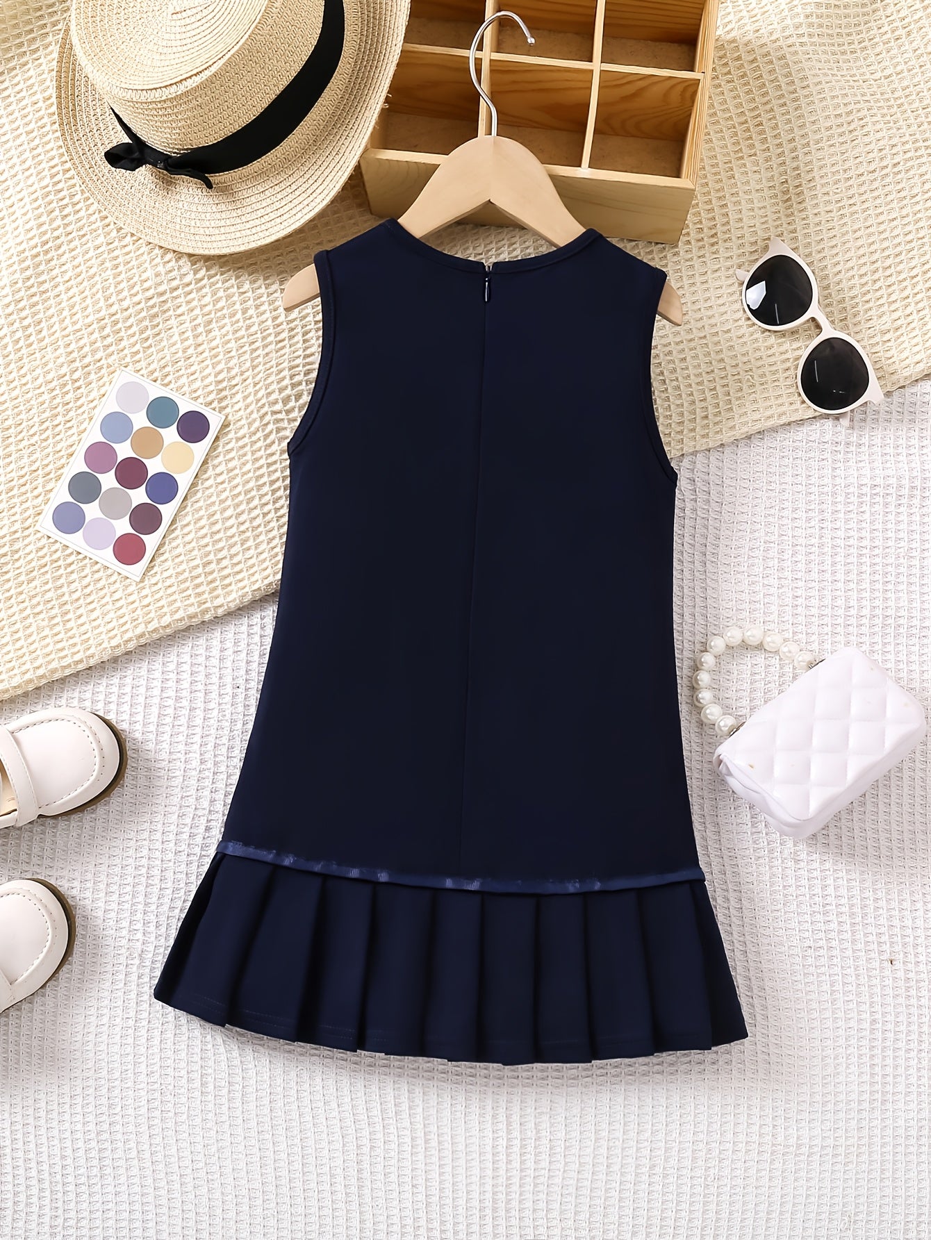 Girls' Sleeveless Navy Pleated Summer Dress, Casual Preppy Style