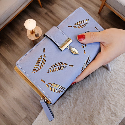 Perfect Christmas Gift for Her: Elegant Women's Long Wallet with Hollow Leaf Pattern & Gold Metal Pendant, Detachable ID Window, Zipper Coin Purse, Multiple Card Slots - Stylish PU  Clutch in Khaki, Blue, Black, Brown, Pink