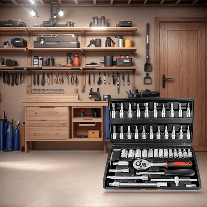 46pcs Heavy-Duty Stainless Steel Tool Set with Precision Ratchet Wrench, Screwdriver Bits & Sockets - All-in-One Mechanic'S Tool Kit with Impact-Resistant, Ergonomic Handle & Storage For Auto, Home