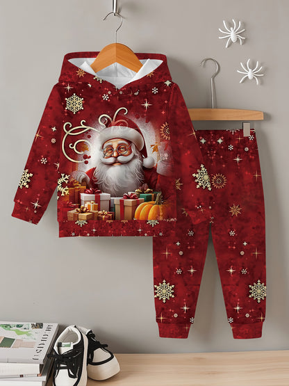 2pcs Boys' Santa Claus & Gifts Print Hooded Sweatsuit Set - Warm Winter Outfit with Matching  & Sweatpants, Cozy Christmas Outwear for Boys, Machine Washable Clothing Gift (Autumn/Winter), Perfect for Outdoor