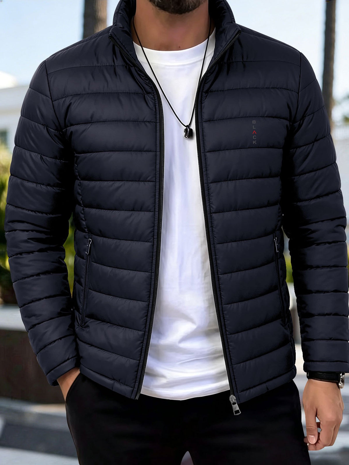 Men's Casual Stand Collar Padded Jacket with Zipper Pockets