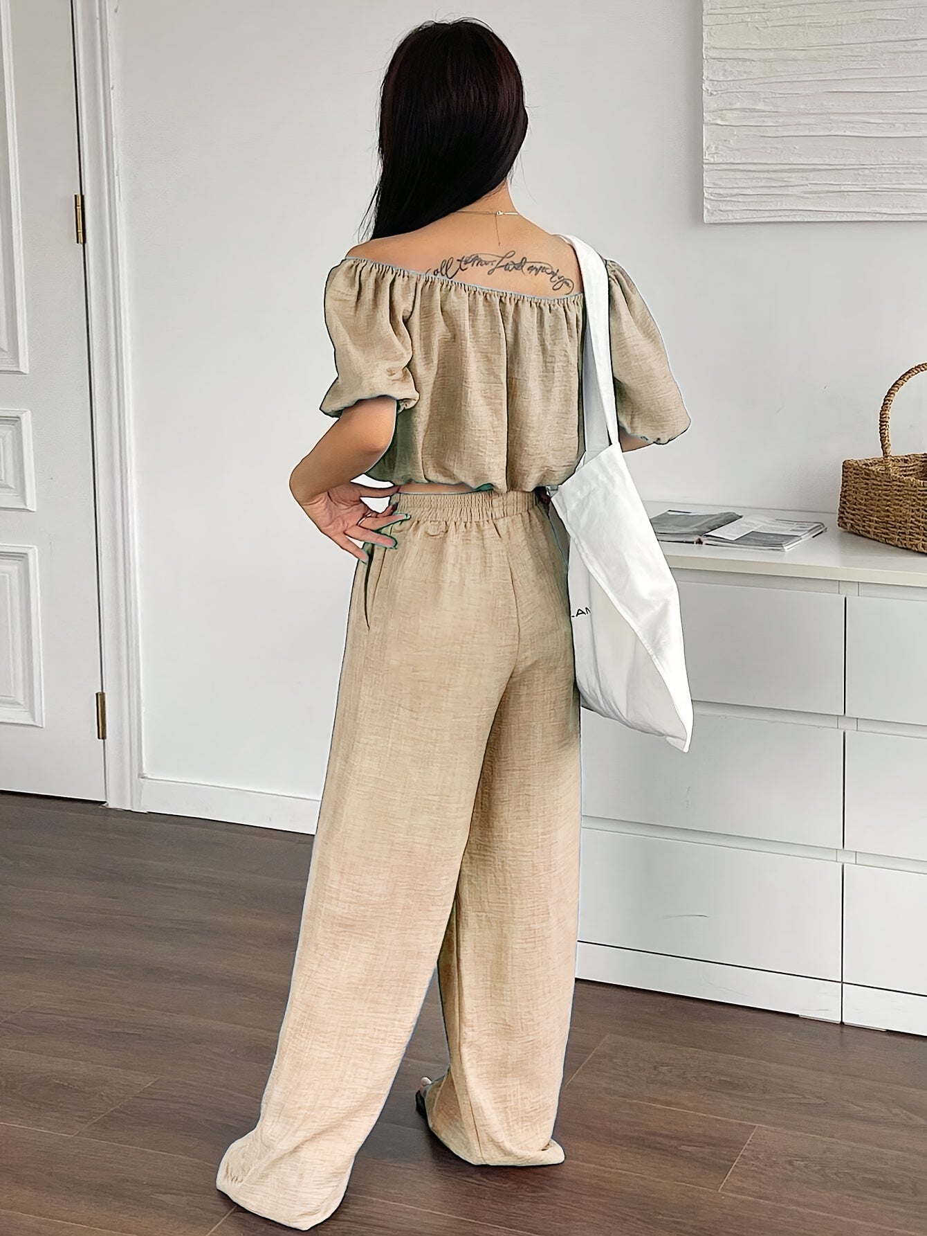 Women's Summer Solid Color Off-Shoulder Puff Sleeve Crop Top and Loose Wide-Leg Pants Two-Piece Set