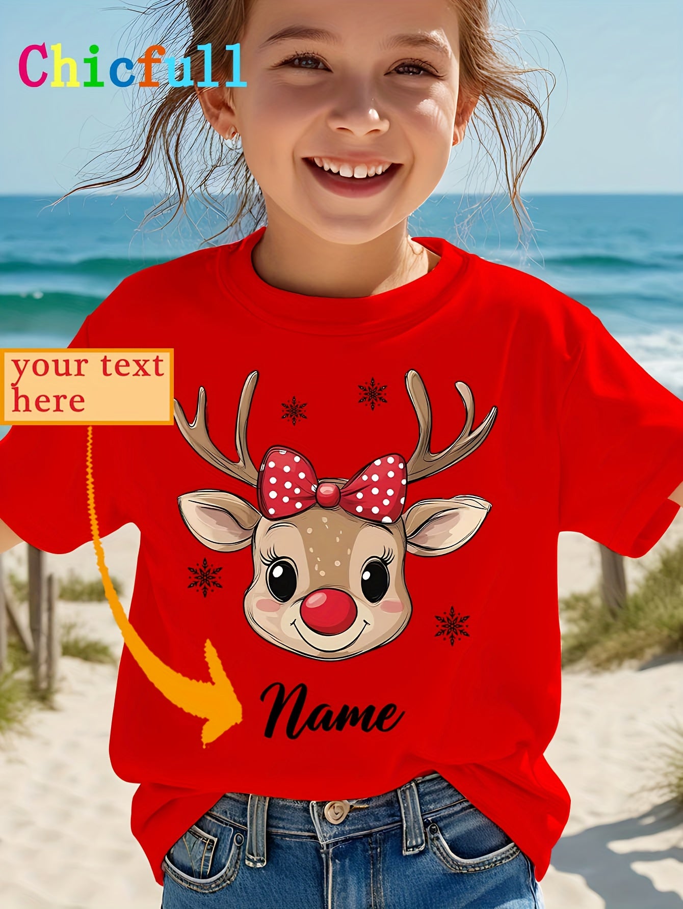 CHICFULL Girls' Personalized Name/Text Christmas Rudolph & Polka Bow T-Shirt - Red Smiling Reindeer Print with Golden Lettering, Soft Round Neck Casual Knit Top for Spring/Summer & Christmas, Machine Washable - Girls' Birthda