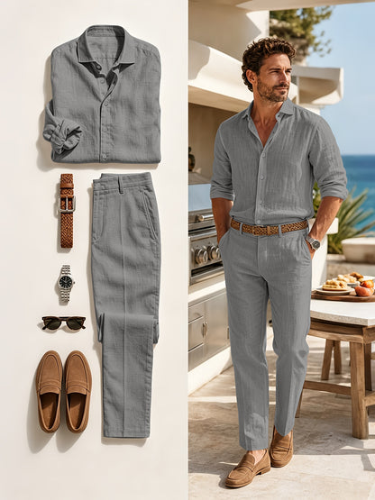 Men's Linen Casual Lapel Shirt and Trousers Set for Spring/Fall