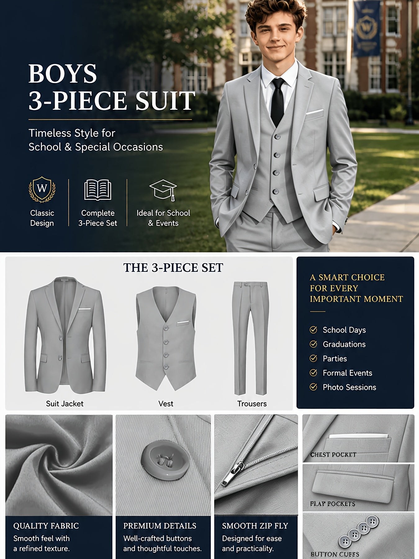 3-Piece Boys' Formal Suit Set with Vest and Straight-Leg Pants