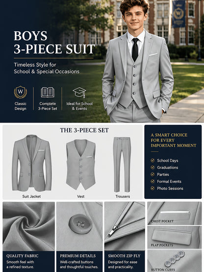 3-Piece Boys' Formal Suit Set with Vest and Straight-Leg Pants