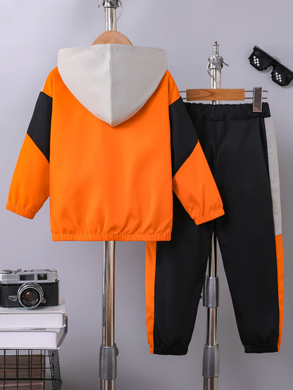 Boys' Casual Color-Block Hooded Jacket and Pants Set - ayq