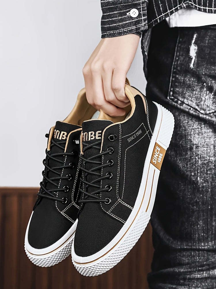 Men's Casual Low-Top Sneakers - Breathable Fabric  Durable PVC Sole, Black  Beige Contrast Design, Lace-Up Round Toe for All-Season Comfort, Versatile for Casual  Semi-Formal Wear, Comfortable Footwear, Fabric Upper