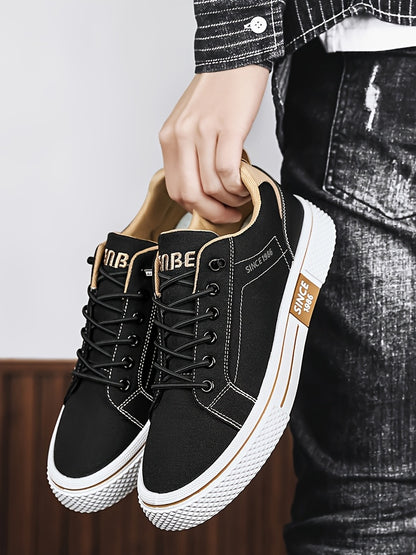 Men's Casual Low-Top Sneakers - Breathable Fabric  Durable PVC Sole, Black  Beige Contrast Design, Lace-Up Round Toe for All-Season Comfort, Versatile for Casual  Semi-Formal Wear, Comfortable Footwear, Fabric Upper