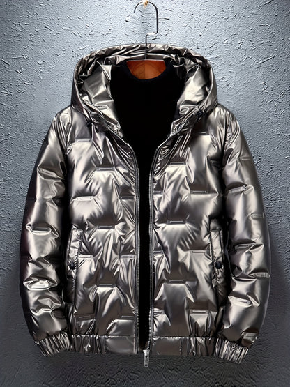 Men'S Winter Coat - Glossy Black Cold Weather Jacket, Non-Stretch Outer Shell, Zippered Pockets & Hooded Design for Formal & Everyday Use - Insulated Outerwear for Everyday & Special Occasions, Winter Jacket, Sleek Appearance