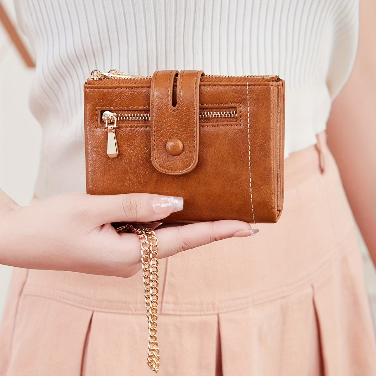 MIYIN Women'S & Men'S Red Bifold Wallet with Anti-Theft Chain Lock, Golden-Tone Hardware & Removable ID Window - Multi-Compartment Organizer with Card Slots